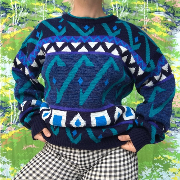 Vintage Sweaters - vtg 80s 90s geometric pattern knit grandpa sweater